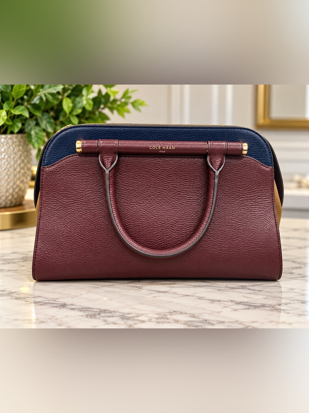 Cole Haan Catherine Medium Satchel Leather Colorblock Burgundy Navy